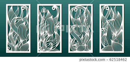 Laser cut templates, set of panels with floral pattern. Wood or metal cutting, panel decor, paper art, fretwork stencils. Vector illustration Laser cut templates, set of panels with floral pattern. Wood or metal cutting, panel decor, paper art, fretwork stencils. Vector illustration 62518462