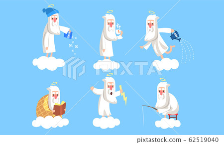 Funny Elderly Male Angel Character in Different Situations Collection, Activity of Holy Old Man on Heaven Vector Illustration 62519040