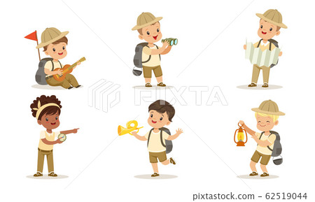 Collection of Kids Scouts Camping, Cute Boys and Girls in Uniform with Hiking Equipment Vector Illustration on White Background 62519044