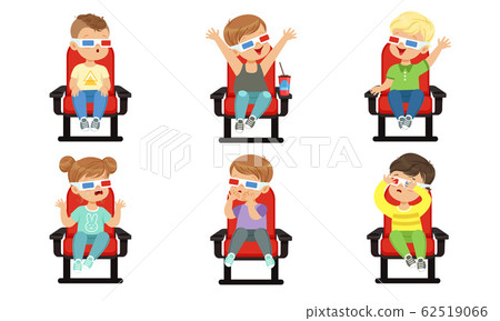 Cute Emotional Kids Watching Movie with 3D Glasses While Eating Popcorn and Drinking Soda Drink, Boys and Girls Sitting in the Cinema Vector Illustration on White Background 62519066