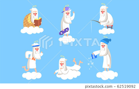 Elderly Male Angel Character in Different Situations Collection, Activity of Holy Old Man on Heaven Vector Illustration Elderly Male Angel Character in Different Situations Collection, Activity of Holy Old Man on Heaven Vector Illustration 62519092