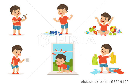 Cute Bully Boy Collection, Hoodlum Cheerful Little Kid, Bad Child Behavior Vector Illustration on White Background 62519125