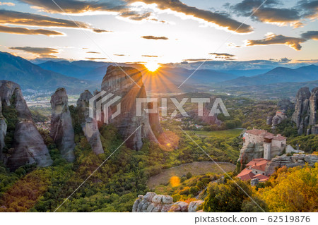 Greek Rock Monasteries at Sunset Greek Rock Monasteries at Sunset 62519876