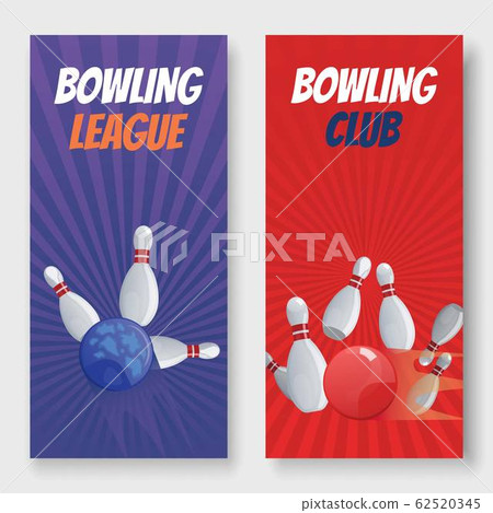 Bowling club and league vector illustration banners set. Balls crashing into white glossy skittles. Sport bowling theme banners with typography. 62520345