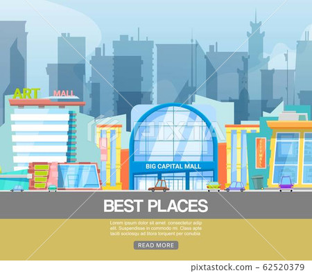 Panorama city building vector illustration. Modern shopping center with city mall emporium, art gallery. Building with shops and parking lot for customer convenience, best city places. 62520379