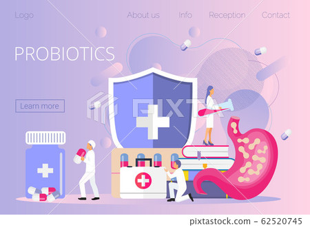 Tiny doctors give stomach probiotic bacteria, lactobacillus. Healthcare landing page, immunity support concept vector for horizontal banner, poster, flyer, website. Symbol of useful milk products. Tiny doctors give stomach probiotic bacteria, lactobacillus. Healthcare landing page, immunity support concept vector for horizontal banner, poster, flyer, website. Symbol of useful milk products. 62520745