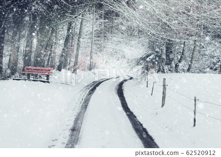 snow covered street in front of forest with red 62520912