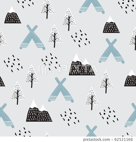Kiddish seamless pattern vector with cute wigwams in the forest between mountains and trees. Creative scandinavian style for fabric, textile, pyjamas, apparel, decor, background. Kiddish seamless pattern vector with cute wigwams in the forest between mountains and trees. Creative scandinavian style for fabric, textile, pyjamas, apparel, decor, background. 62521168