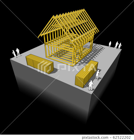 Construction of simple detached house with wooden framework construction 62522202
