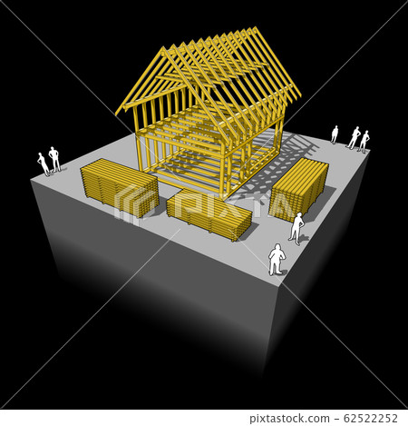Construction of simple detached house with wooden framework construction 62522252