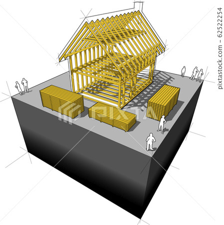 Construction of simple detached house with wooden framework construction 62522254