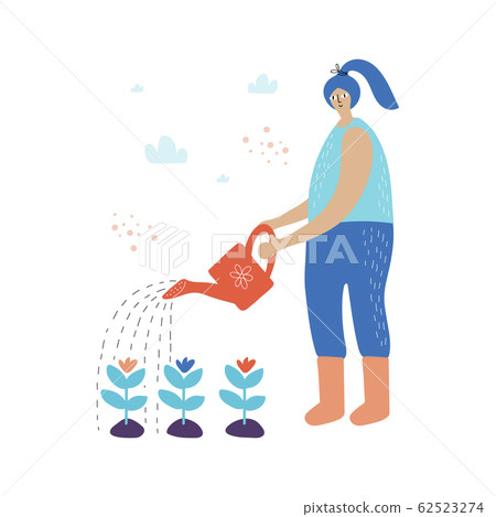 Girl watering plants from a watering can with a flat hand drawn drawing in Scandinavian style Girl watering plants from a watering can with a flat hand drawn drawing in Scandinavian style 62523274