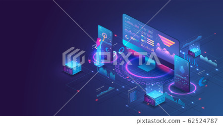 The woman interacting with the statistical analysis and diagram. Data analysis in isometric vector design. Network mainframe infrastructure website layout. Data visualization concept. Trends 3D 62524787