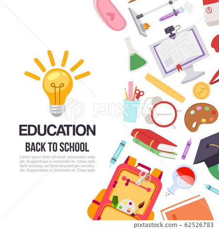 Childrens education and 1 september back to school vector illustration. Backpacks, pens, colors, computer, book education isolated on white background poster. 62526783