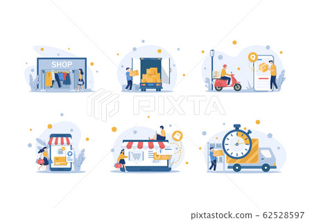 Modern flat design concept of online shopping with small people,mobile website development. UI and UX design,Delivery man ride Motorcycle and Order from phone 62528597