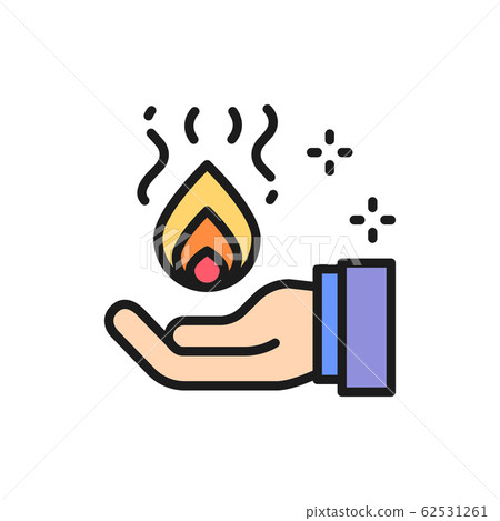 Trick with fire in hand, magic flat color line icon. 62531261