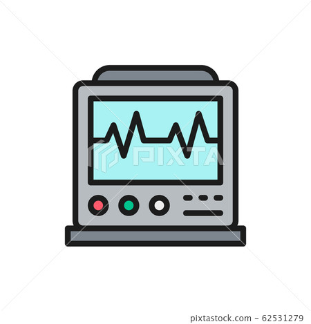 EKG machine with pulse, ICU monitor, electrocardiograph flat color line icon. EKG machine with pulse, ICU monitor, electrocardiograph flat color line icon. 62531279