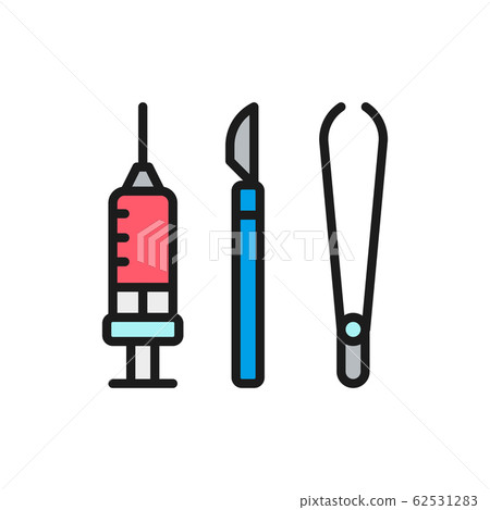 Instruments for surgery, medical scalpel, tweezers flat color line icon. 62531283