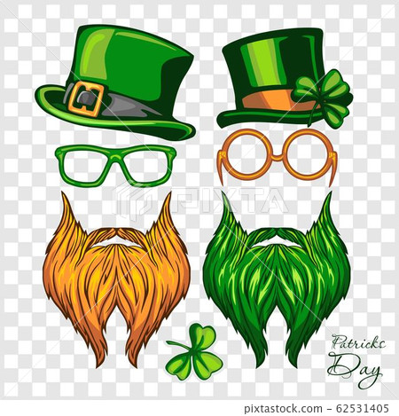 Hats, Glasses, Green and Red Beards - Set of St. Patricks Day - elements, objects, icons. Vector illustration isolated on light 62531405