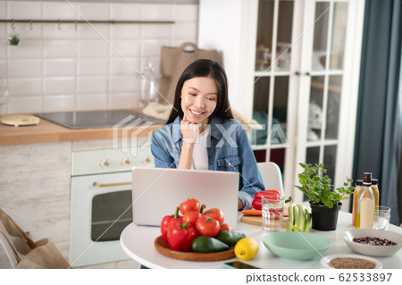 Young woman sitting at a laptop in the kitchen. Young woman sitting at a laptop in the kitchen. 62533897
