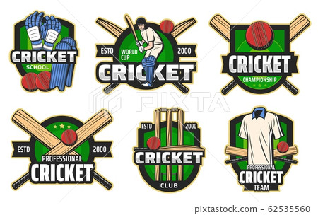 Cricket ball, bat, wicket and batsman player icons Cricket ball, bat, wicket and batsman player icons 62535560