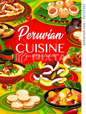 Peruvian dishes of meat, vegetables, fish, cookies Peruvian dishes of meat, vegetables, fish, cookies 62535563