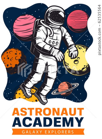 Astronaut with planets, space suit and helmet Astronaut with planets, space suit and helmet 62535564