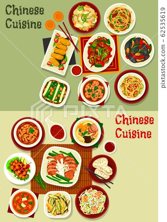 Chinese and Asian dishes of seafood, meat, veggies Chinese and Asian dishes of seafood, meat, veggies 62535619