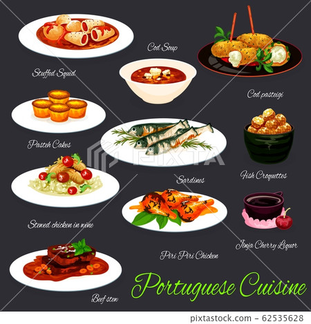 Portuguese fish and meat dishes with custard tart 62535628