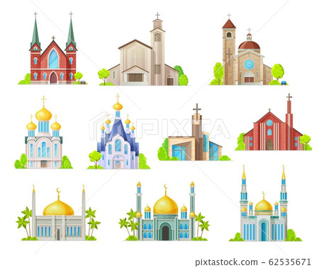 Church, mosque and temple. Religion buildings 62535671