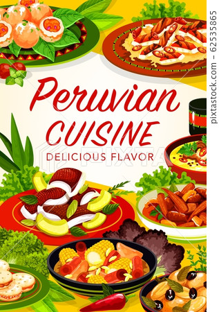 Peruvian food of fish, meat, veggies with cookies Peruvian food of fish, meat, veggies with cookies 62535865