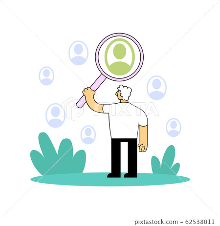 Businessman looking at the people's icons through a magnifying glass. Know Your Customer concept. Flat vector illustration. Isolated on white background. 62538011