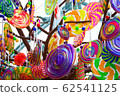 Colorful lollipops and different colored round candy. 62541125