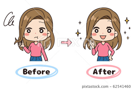 Front view of a woman who is shocked by split ends Before after upper body Front view of a woman who is shocked by split ends Before after upper body 62541460