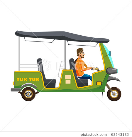 Tuk Tuk Asian auto rickshaw three wheeler tricycle with local driver. Thailand, Indian countries baby taxi. Vector illustration isolated cartoon style 62543183