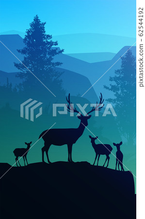 Natural forest mountains horizon trees Landscape wallpaper Sunrise and sunset Herd of deer Illustration vector style Colorful view background Natural forest mountains horizon trees Landscape wallpaper Sunrise and sunset Herd of deer Illustration vector style Colorful view background 62544192