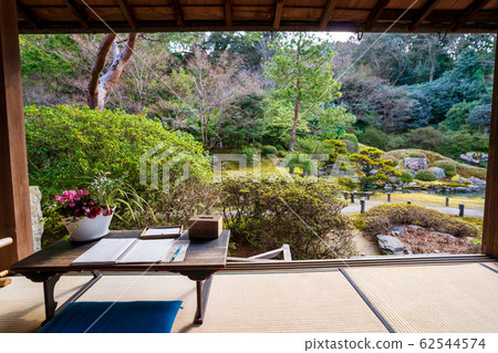 Kyoto, Seiren-in, view of garden from Kachoden, name book and desk 62544574