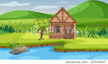 Scene with wooden cottage in the field Scene with wooden cottage in the field 62544947