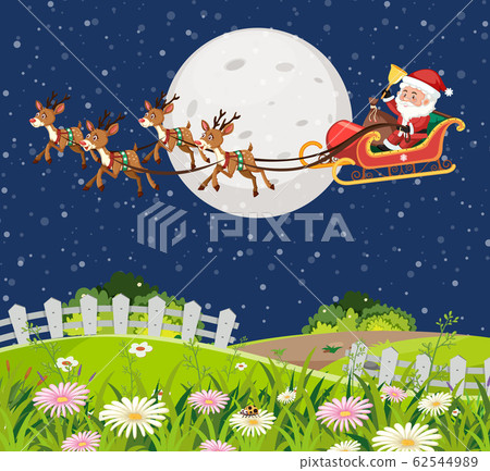 Scene with Santa on the sleigh flying over the Scene with Santa on the sleigh flying over the 62544989