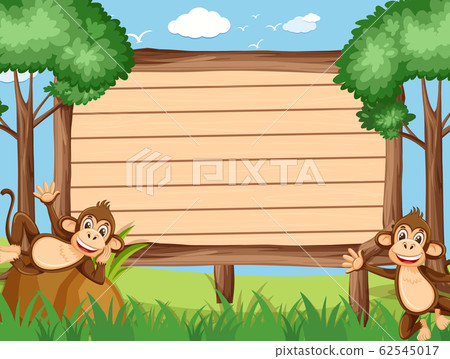Wooden sign template with happy monkeys in the Wooden sign template with happy monkeys in the 62545017