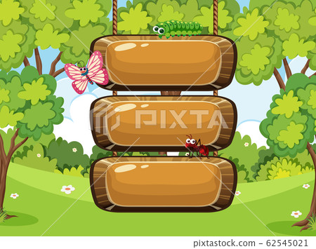 Wooden sign template with many insects in the park 62545021