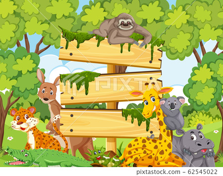 Wooden sign template with wild animals in the park Wooden sign template with wild animals in the park 62545022