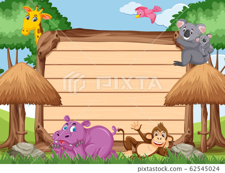 Wooden sign template with many wild animals in the Wooden sign template with many wild animals in the 62545024