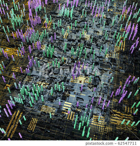 Circuit board futuristic server code processing. Multicolor technology background. 3d rendering Circuit board futuristic server code processing. Multicolor technology background. 3d rendering 62547711