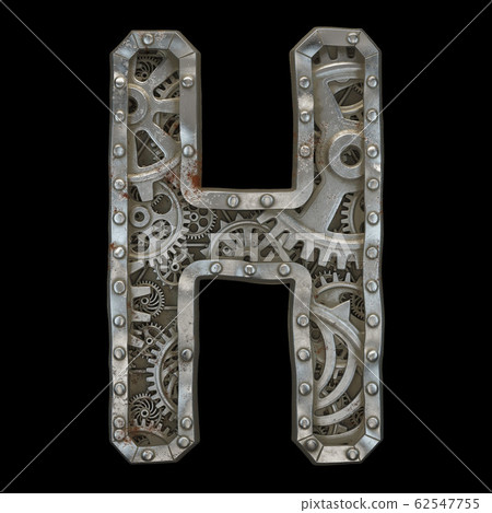 Mechanical alphabet made from rivet metal with gears on black background. Letter H. 3D Mechanical alphabet made from rivet metal with gears on black background. Letter H. 3D 62547755