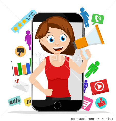 Girl blogger shouts into a megaphone from a mobile Girl blogger shouts into a megaphone from a mobile 62548193