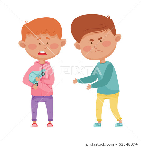 Little Boy with Aggressive Face Expression Going to Take Away Toy Car from His Agemate Vector Illustration Little Boy with Aggressive Face Expression Going to Take Away Toy Car from His Agemate Vector Illustration 62548374