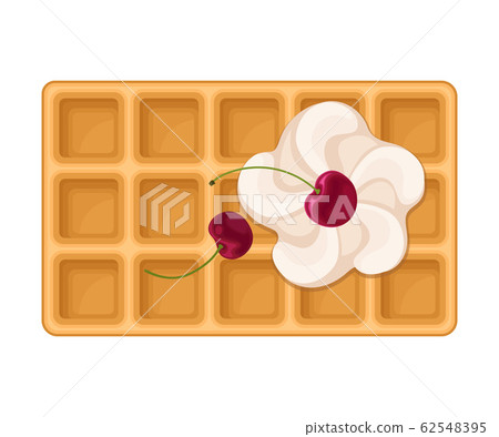 Rectangular Shaped Waffle with Textured Surface and Whipped Cream with Cherry Top View Vector Illustration 62548395