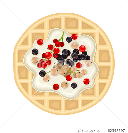 Rounded Waffle with Textured Surface and Creamy Topping with Berries Top View Vector Illustration 62548397