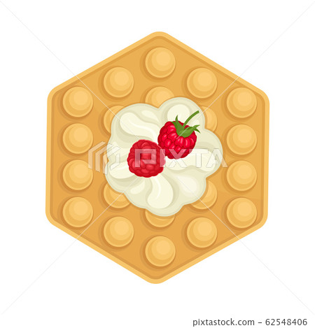 Rounded Waffle with Textured Surface and Creamy Topping with Raspberry Vector Illustration 62548406